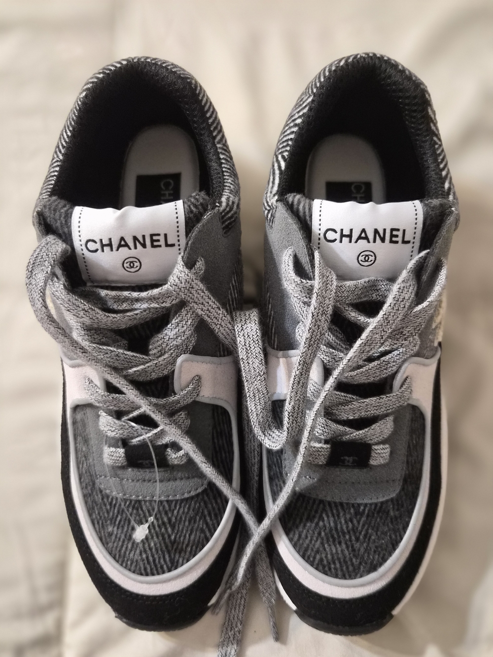 CHANEL Man Grey, Black and White Lace-Up Sneakers